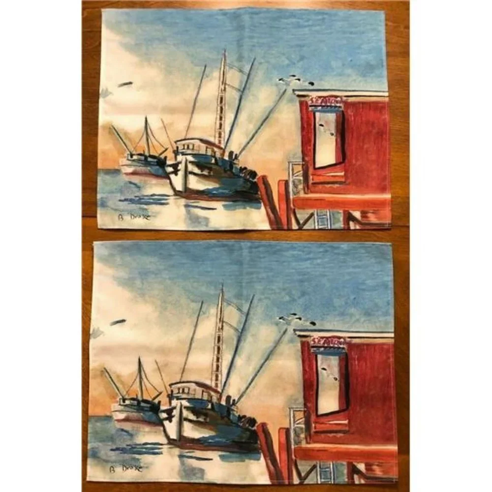 Betsy Drake Place Mats Set of 2 Sea Town Seagulls Fishing Village Fishing Ships